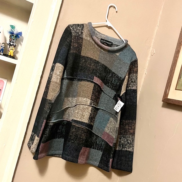🏷️ talk of the walk • multicolor patchwork rolled mock neck tunic sweater - Picture 15 of 16